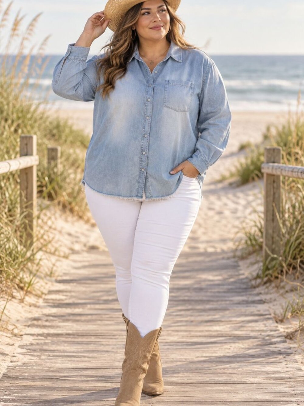 Ava & Viv Chambray Shirt 4X Light Blue Frayed Hem Coastal Cowgirl, Fall Classic